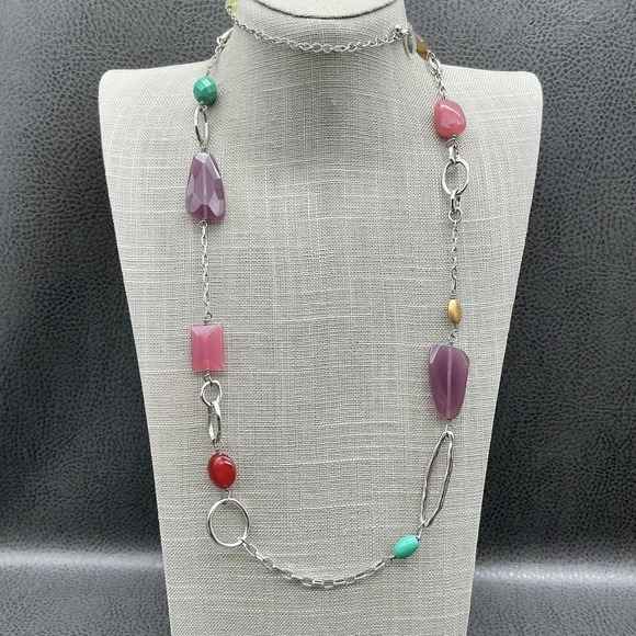 Lia Sophia Necklace Long Silver Tone Bead Statement Geometric Chain 36 Inch - Picture 1 of 9